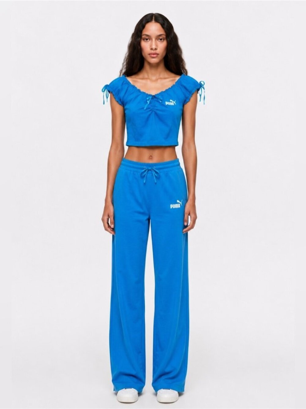 RARE NEW Puma smocked ruffle bow tie baby crop stretch y2k Blue sporty top tee S